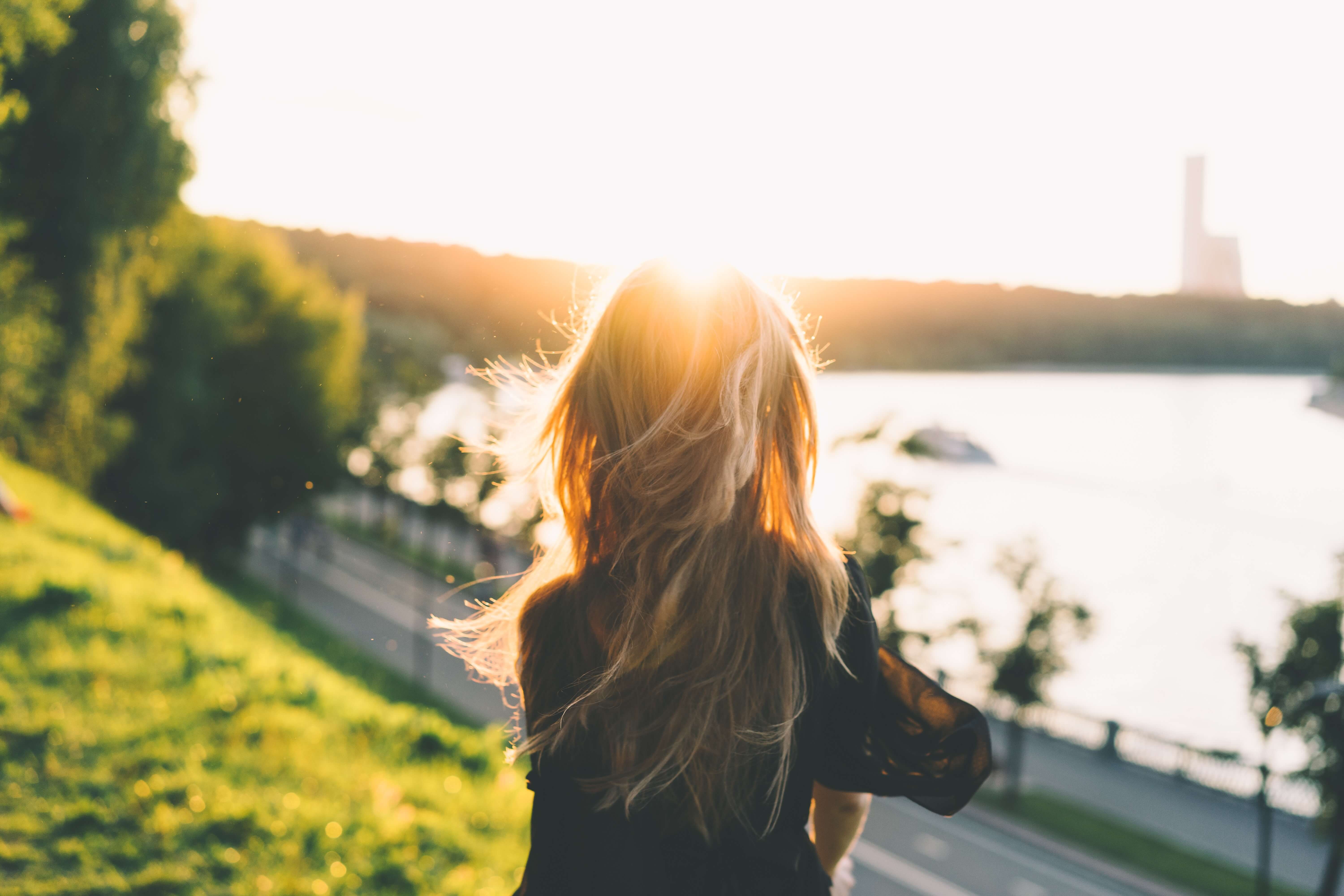 菜の花畑で夕日を眺める女性の後ろ姿